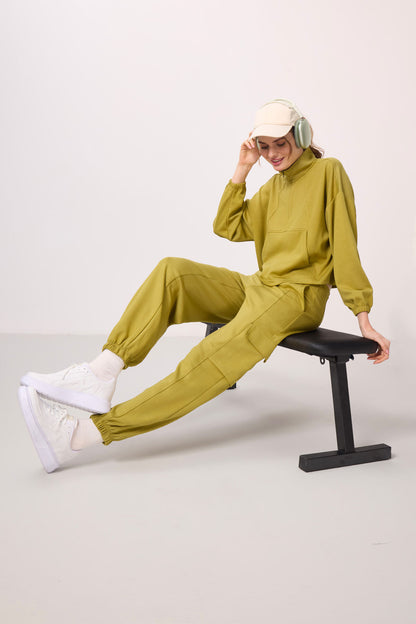 Dark Mustard Soft Textured High Neck Hidden Zipper Oversize Women's Tracksuit Set - 95351