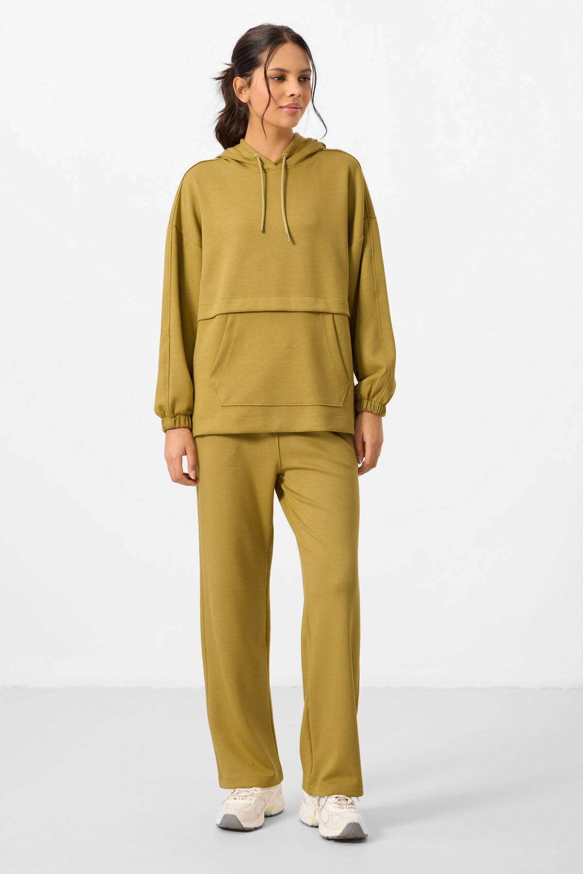 Dark Mustard Soft Textured Hooded Oversize Women's Tracksuit Tunic Set - 95348
