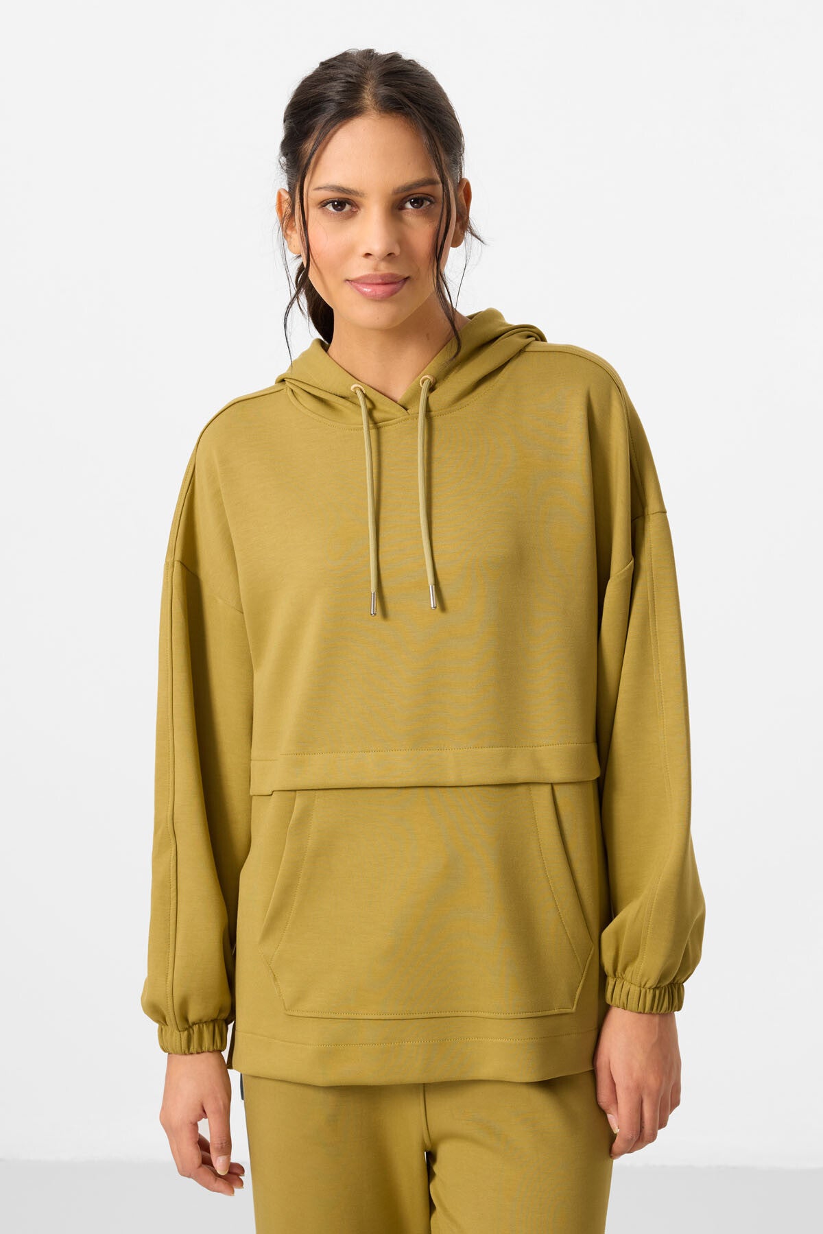 Dark Mustard Soft Textured Hooded Oversize Women's Tracksuit Tunic Set - 95348