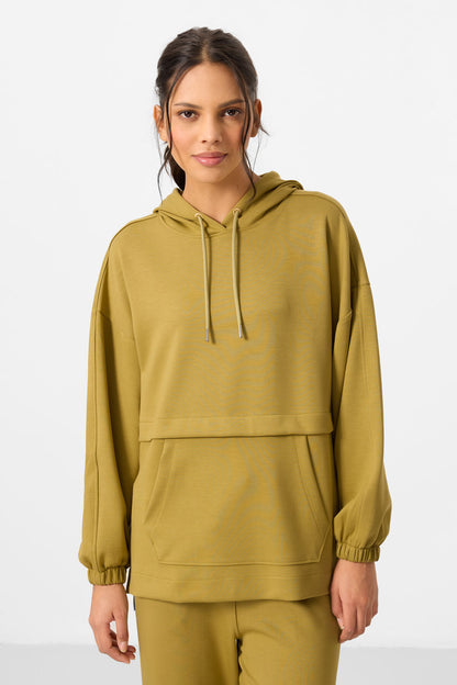 Dark Mustard Soft Textured Hooded Oversize Women's Tracksuit Tunic Set - 95348