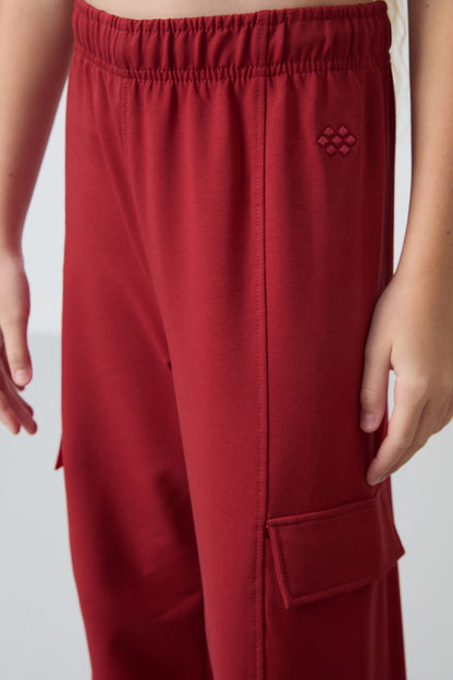 Dark Red Cargo Pocket Front Stitch Detailed Wide Leg Girls' Tracksuit Bottom - 75143