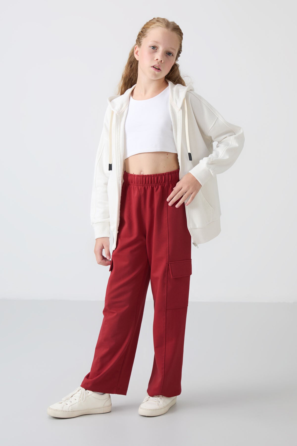 Dark Red Cargo Pocket Front Stitch Detailed Wide Leg Girls' Tracksuit Bottom - 75143