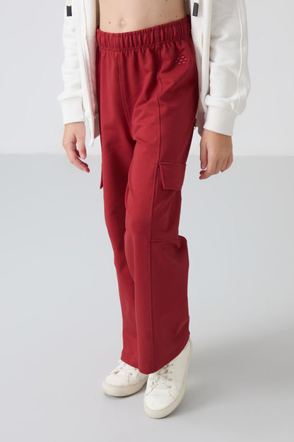 Dark Red Cargo Pocket Front Stitch Detailed Wide Leg Girls' Tracksuit Bottom - 75143