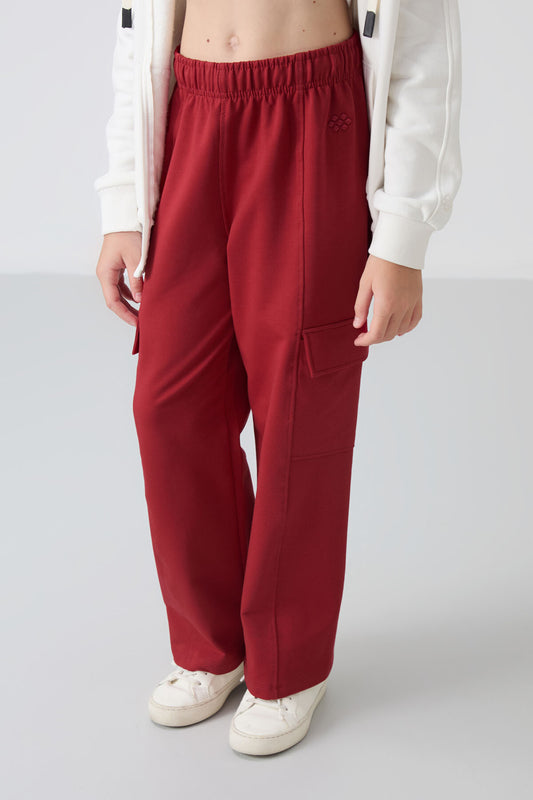 Dark Red Cargo Pocket Front Stitch Detailed Wide Leg Girls' Tracksuit Bottom - 75143