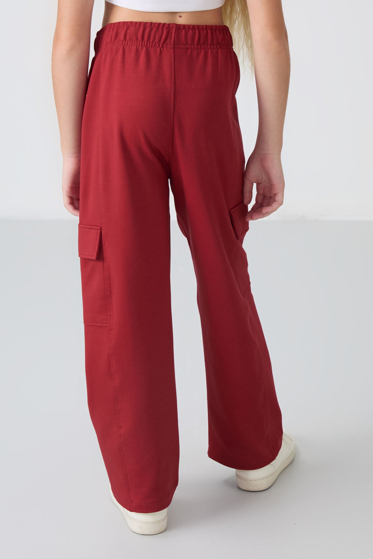 Dark Red Cargo Pocket Front Stitch Detailed Wide Leg Girls' Tracksuit Bottom - 75143