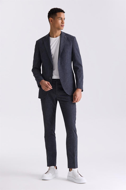 Dark Navy Slim Fit Single Collar Linen Suit.