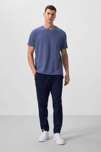 Dark Blue Textured Surface Comfort Fit Basic Men's T-Shirt - 88436