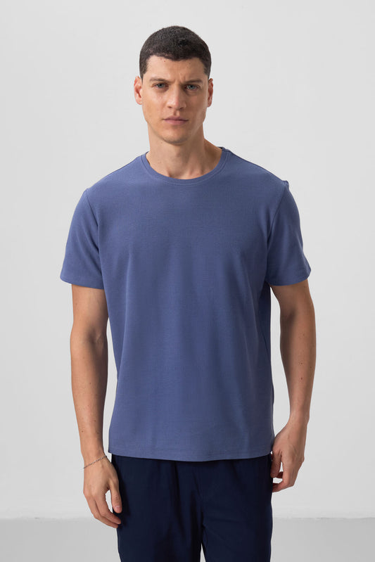 Dark Blue Textured Surface Comfort Fit Basic Men's T-Shirt - 88436