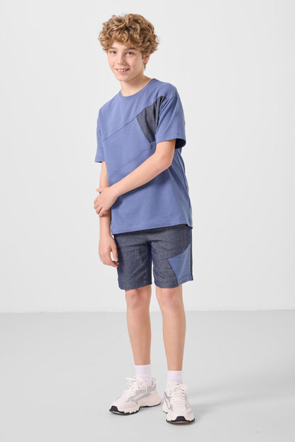 Dark, blue-coated cotton oversize fit woven lightweight flexible chino shorts set - 11275
