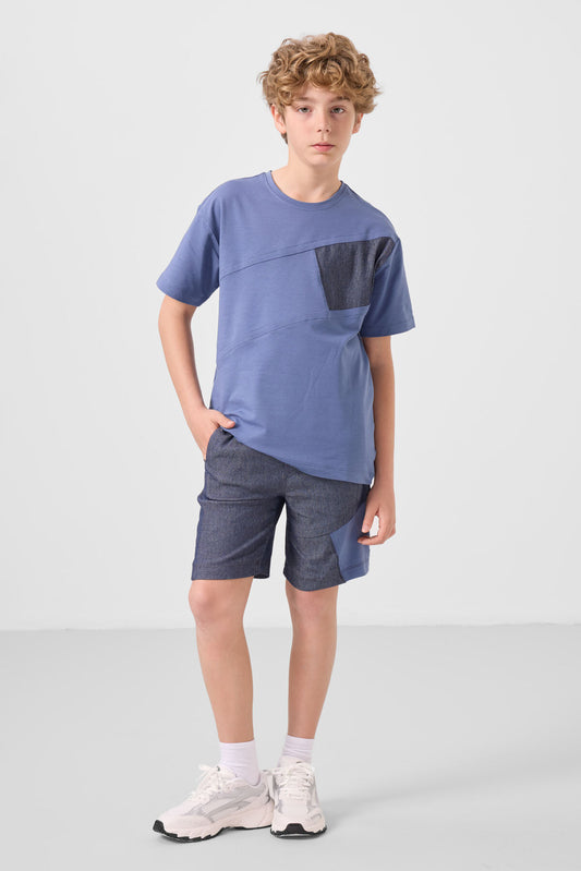 Dark, blue-coated cotton oversize fit woven lightweight flexible chino shorts set - 11275