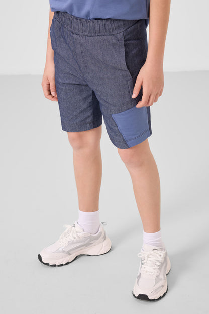 Dark, blue-coated cotton oversize fit woven lightweight flexible chino shorts set - 11275