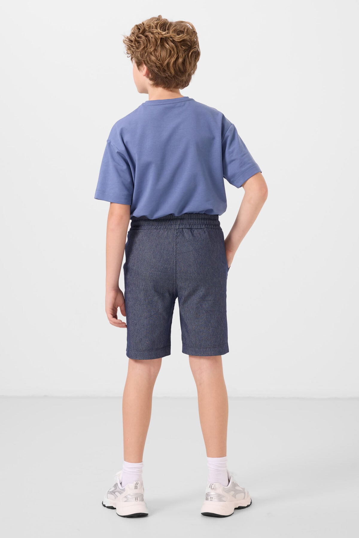 Dark blue-coated lacquered cotton oversize fit woven lightweight elastic Chino Shorts set - 11279