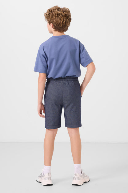 Dark blue-coated lacquered cotton oversize fit woven lightweight elastic Chino Shorts set - 11279