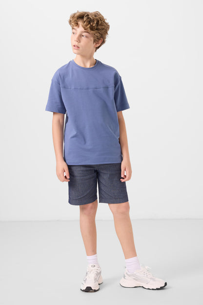 Dark blue-coated lacquered cotton oversize fit woven lightweight elastic Chino Shorts set - 11279