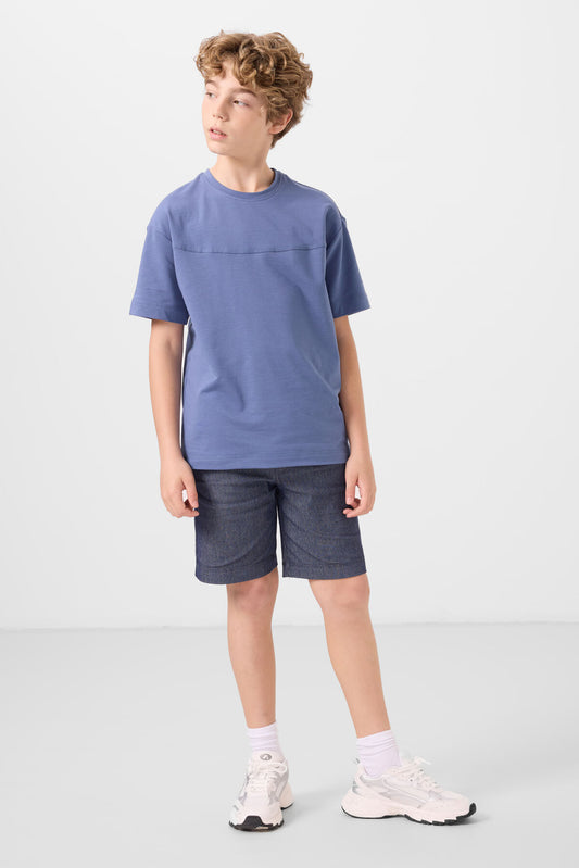 Dark blue-coated lacquered cotton oversize fit woven lightweight elastic Chino Shorts set - 11279