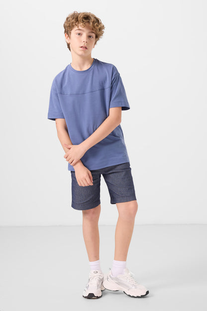Dark blue-coated lacquered cotton oversize fit woven lightweight elastic Chino Shorts set - 11279