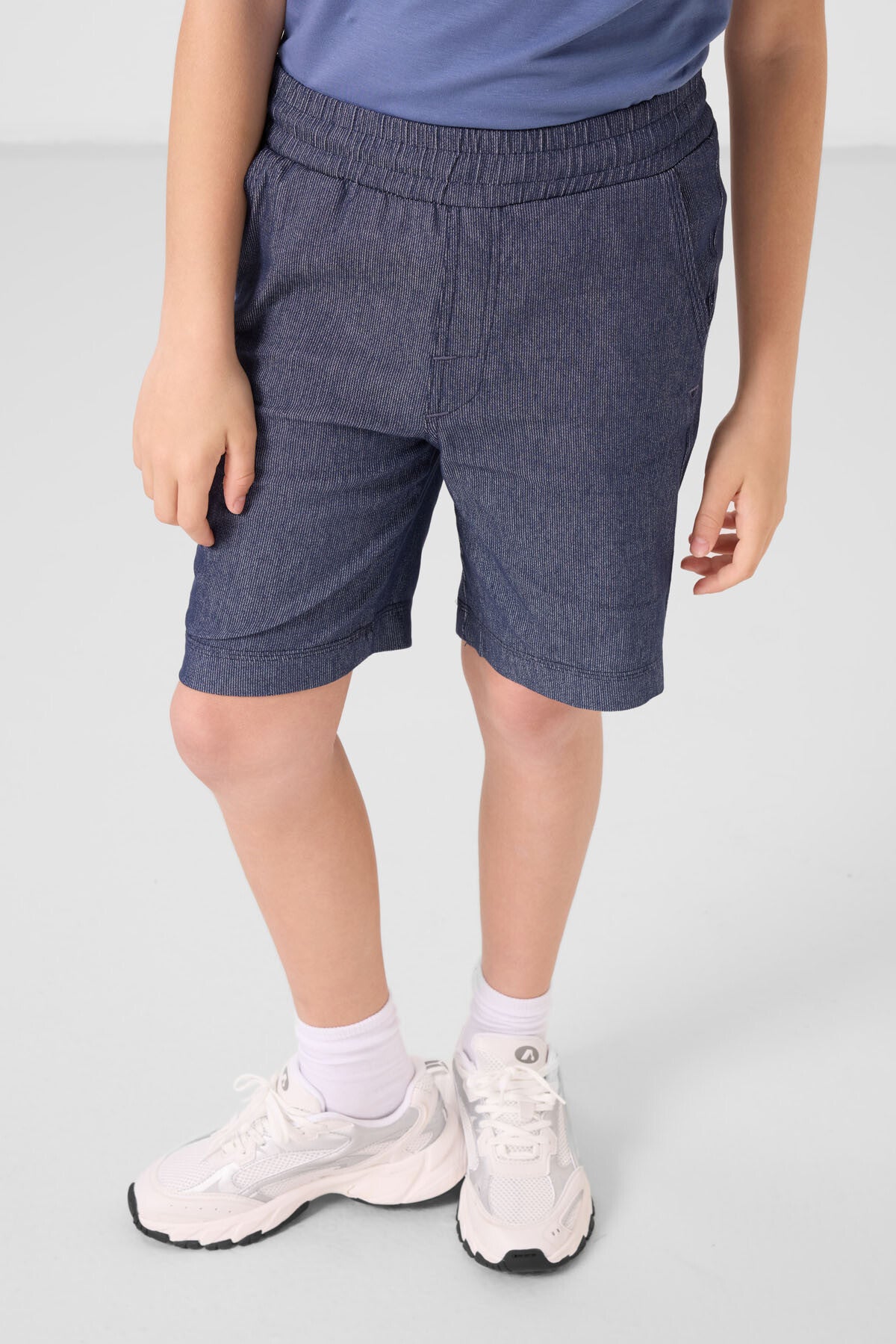 Dark blue-coated lacquered cotton oversize fit woven lightweight elastic Chino Shorts set - 11279