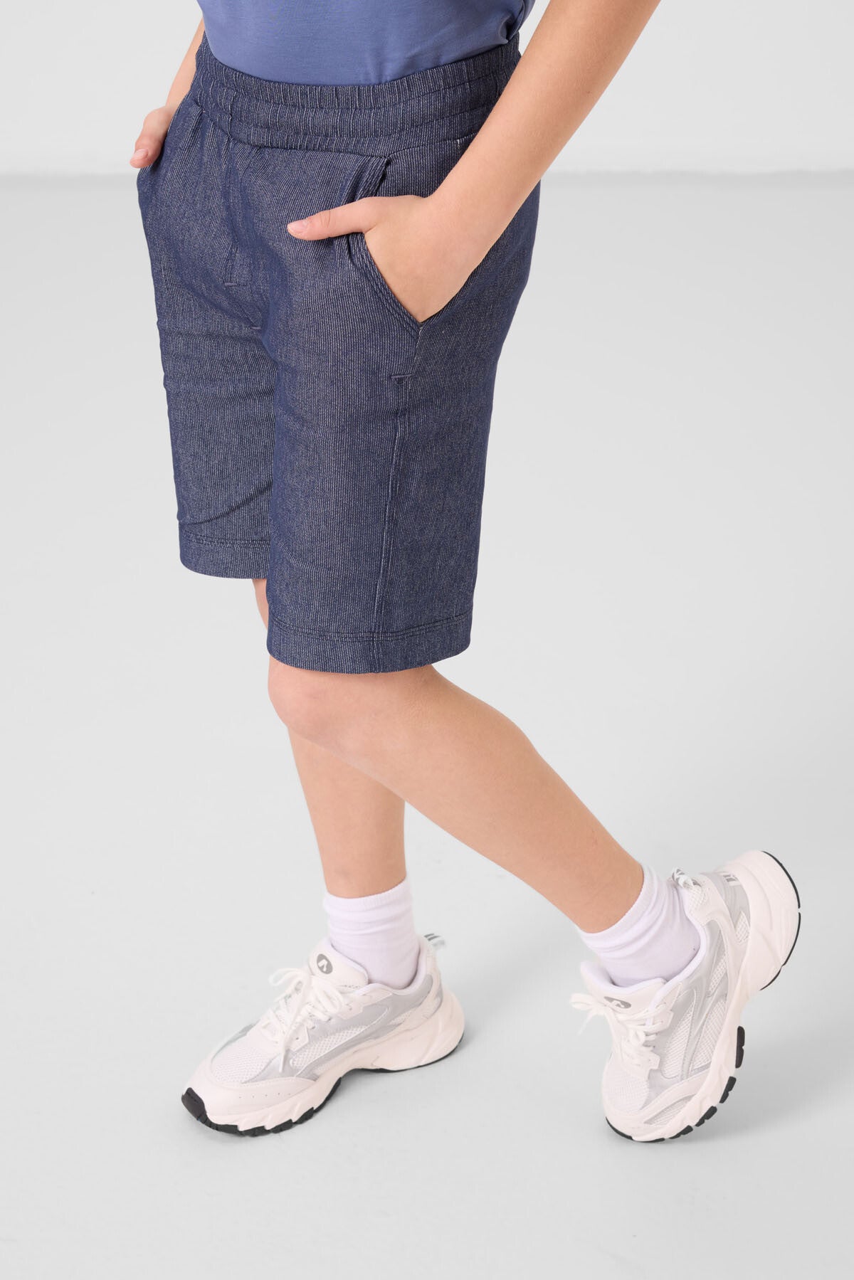 Dark blue-coated lacquered cotton oversize fit woven lightweight elastic Chino Shorts set - 11279
