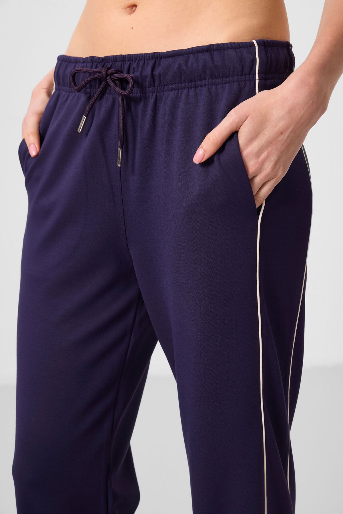 Dark Purple Soft Textured Side Panel Detailed Wide Leg Women's Palazzo Trousers - 94669