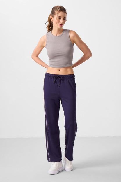 Dark Purple Soft Textured Side Panel Detailed Wide Leg Women's Palazzo Trousers - 94669