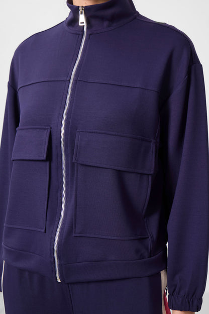 Dark Purple Soft Textured High Collar Oversize Cargo Pocket Women's Crop Top Sweatshirt - 97301