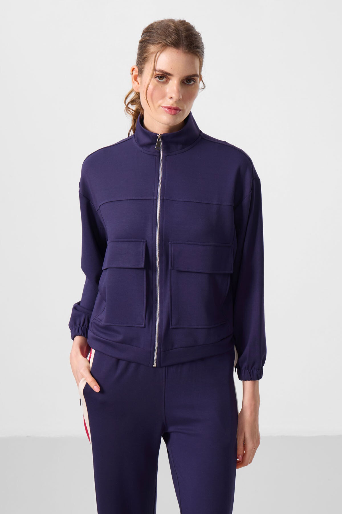 Dark Purple Soft Textured High Collar Oversize Cargo Pocket Women's Crop Top Sweatshirt - 97301