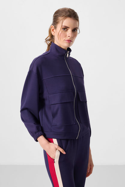 Dark Purple Soft Textured High Collar Oversize Cargo Pocket Women's Crop Top Sweatshirt - 97301