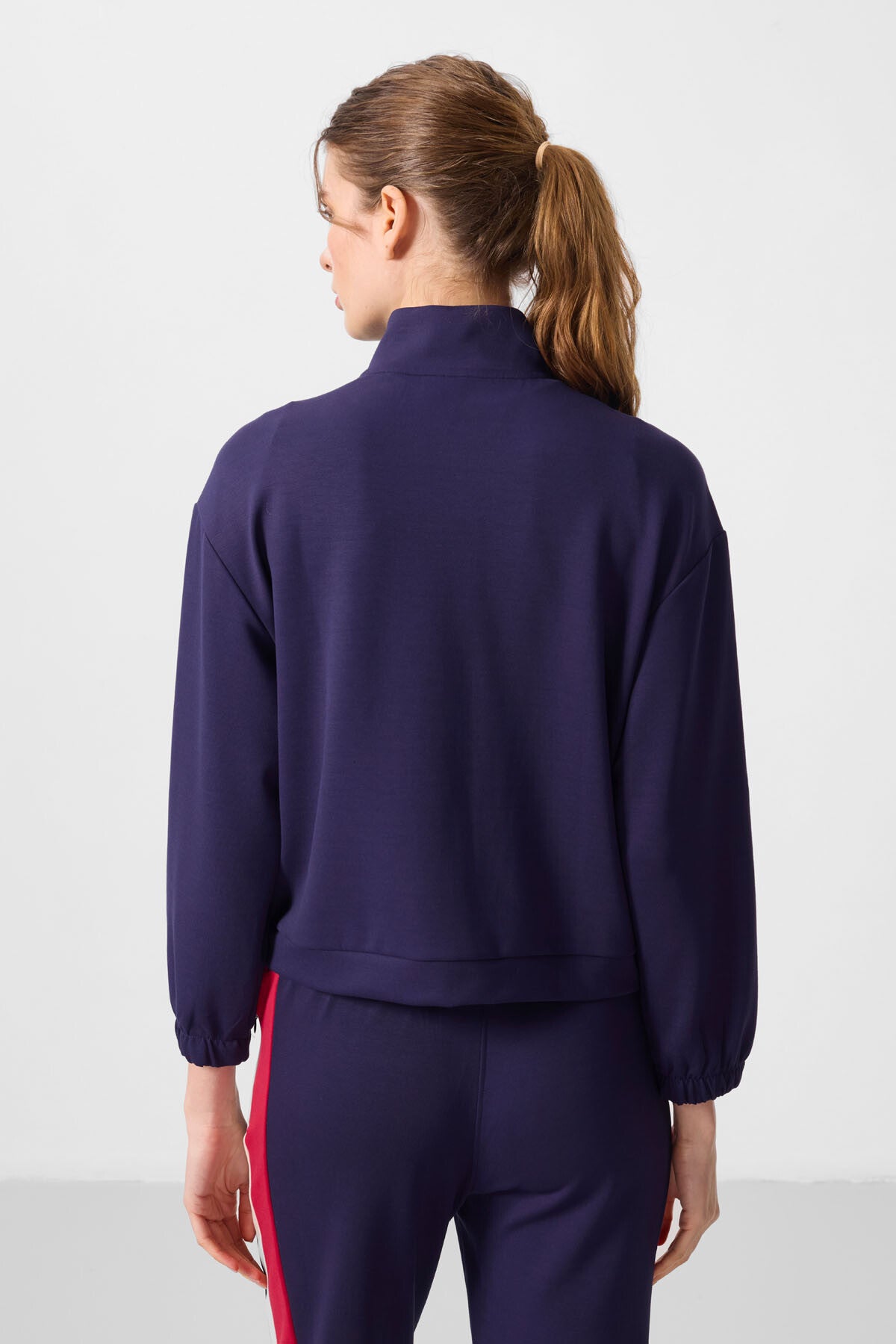 Dark Purple Soft Textured High Collar Oversize Cargo Pocket Women's Crop Top Sweatshirt - 97301