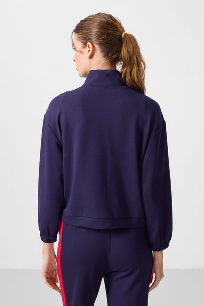 Dark Purple Soft Textured High Collar Oversize Cargo Pocket Women's Crop Top Sweatshirt - 97301