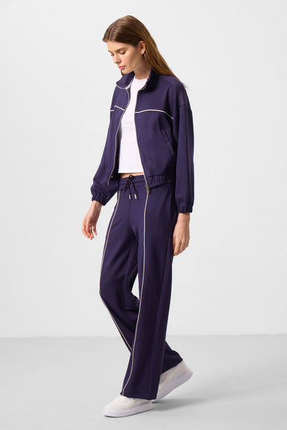 Dark Purple Soft Textured High Collar Oversize Elastane Women's Tracksuit Set - 95349