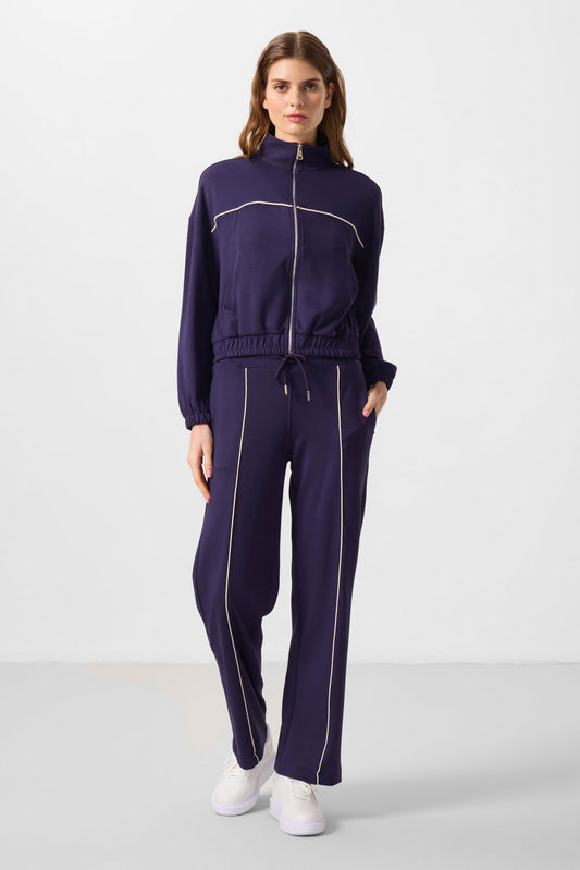 Dark Purple Soft Textured High Collar Oversize Elastane Women's Tracksuit Set - 95349