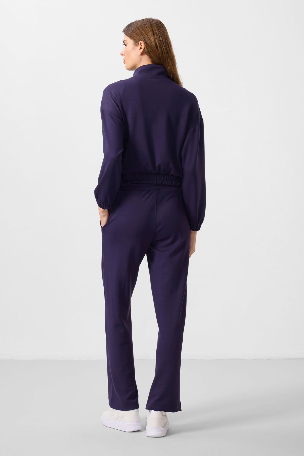 Dark Purple Soft Textured High Collar Oversize Elastane Women's Tracksuit Set - 95349