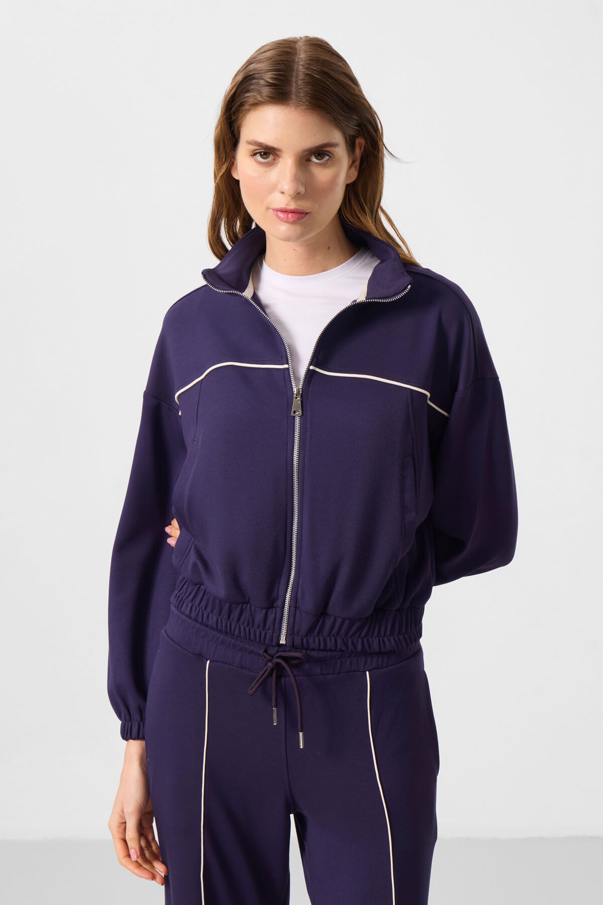 Dark Purple Soft Textured High Collar Oversize Elastane Women's Tracksuit Set - 95349
