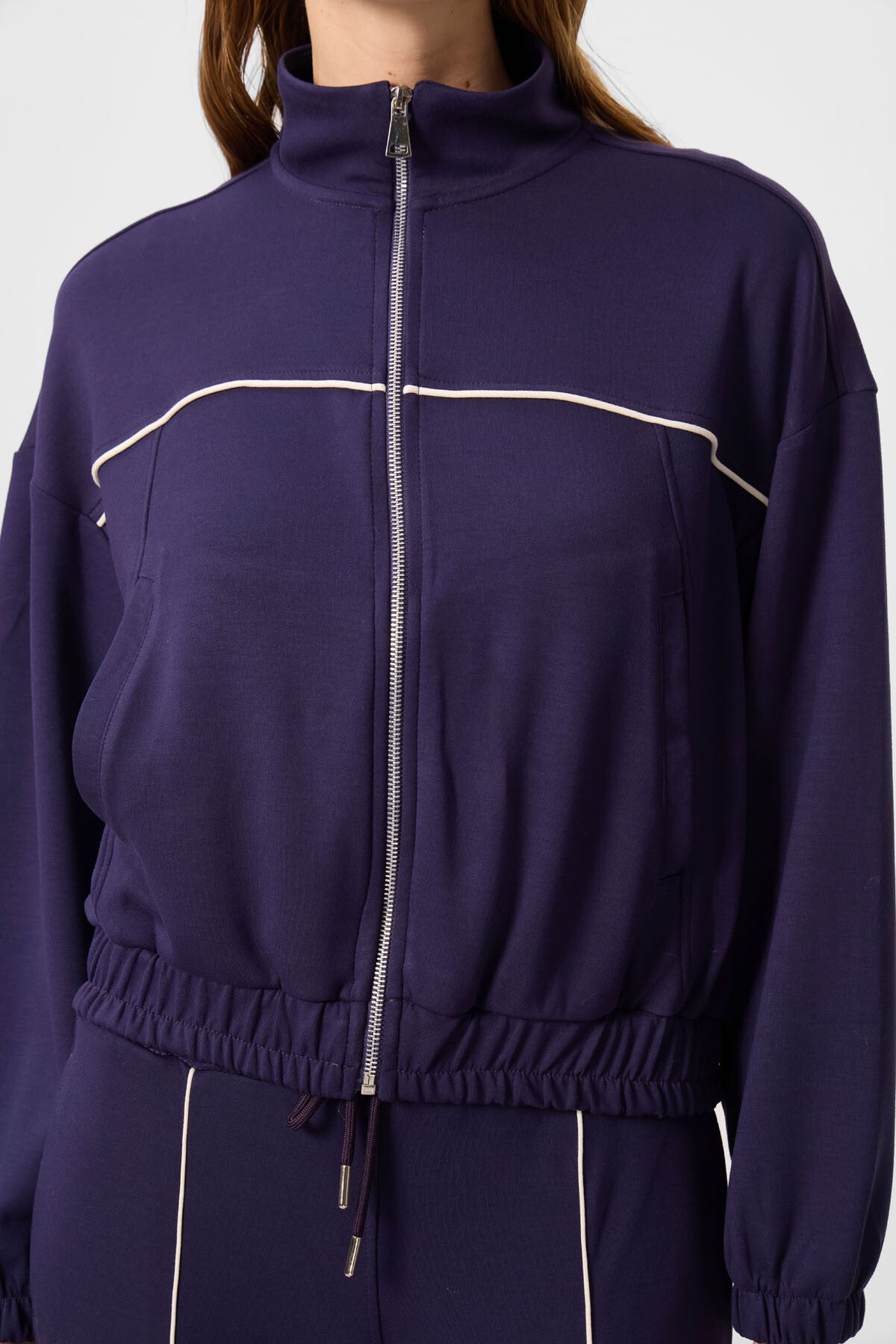Dark Purple Soft Textured High Collar Oversize Elastane Women's Tracksuit Set - 95349