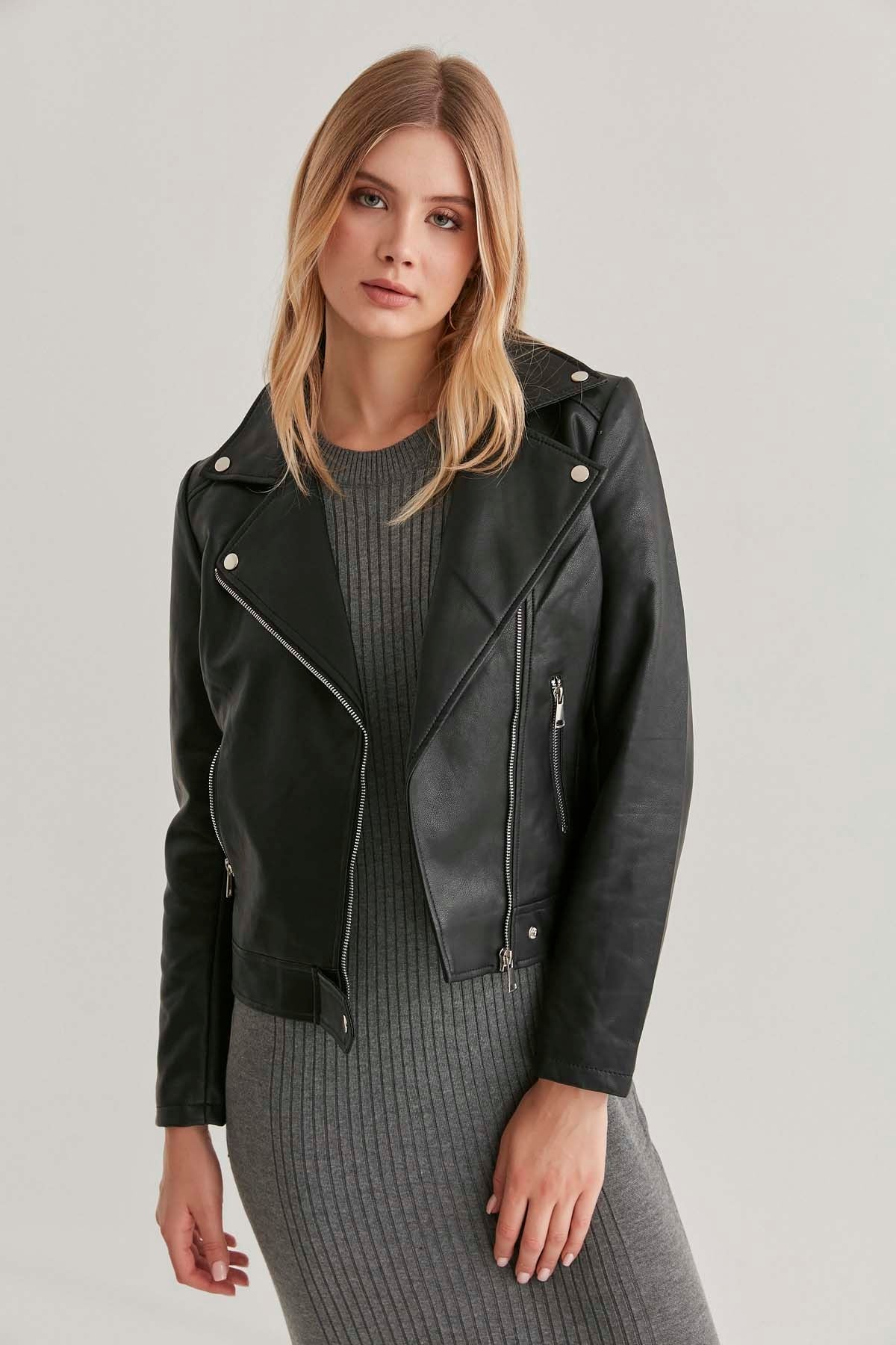DOUBLE-BREASTED FAUX LEATHER ZIPPERED JACKET