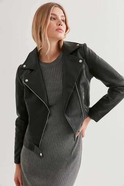 DOUBLE-BREASTED FAUX LEATHER ZIPPERED JACKET