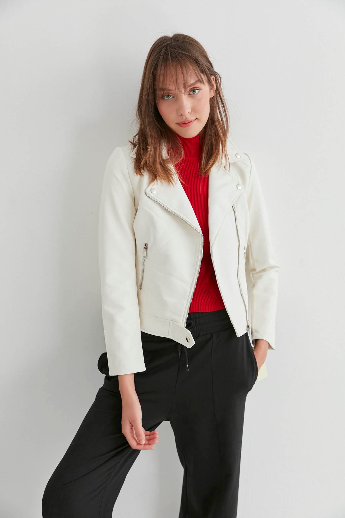 DOUBLE-BREASTED FAUX LEATHER ZIPPERED JACKET