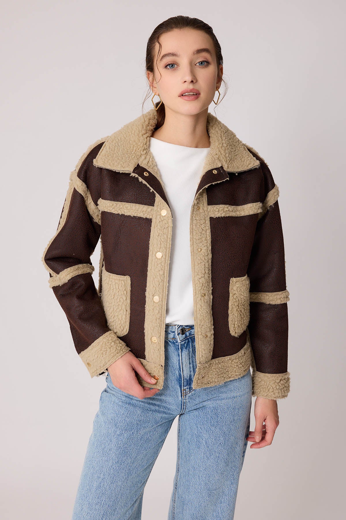 FUR WALLED STUDS COVERED FAUX LEATHER BIKER JACKET
