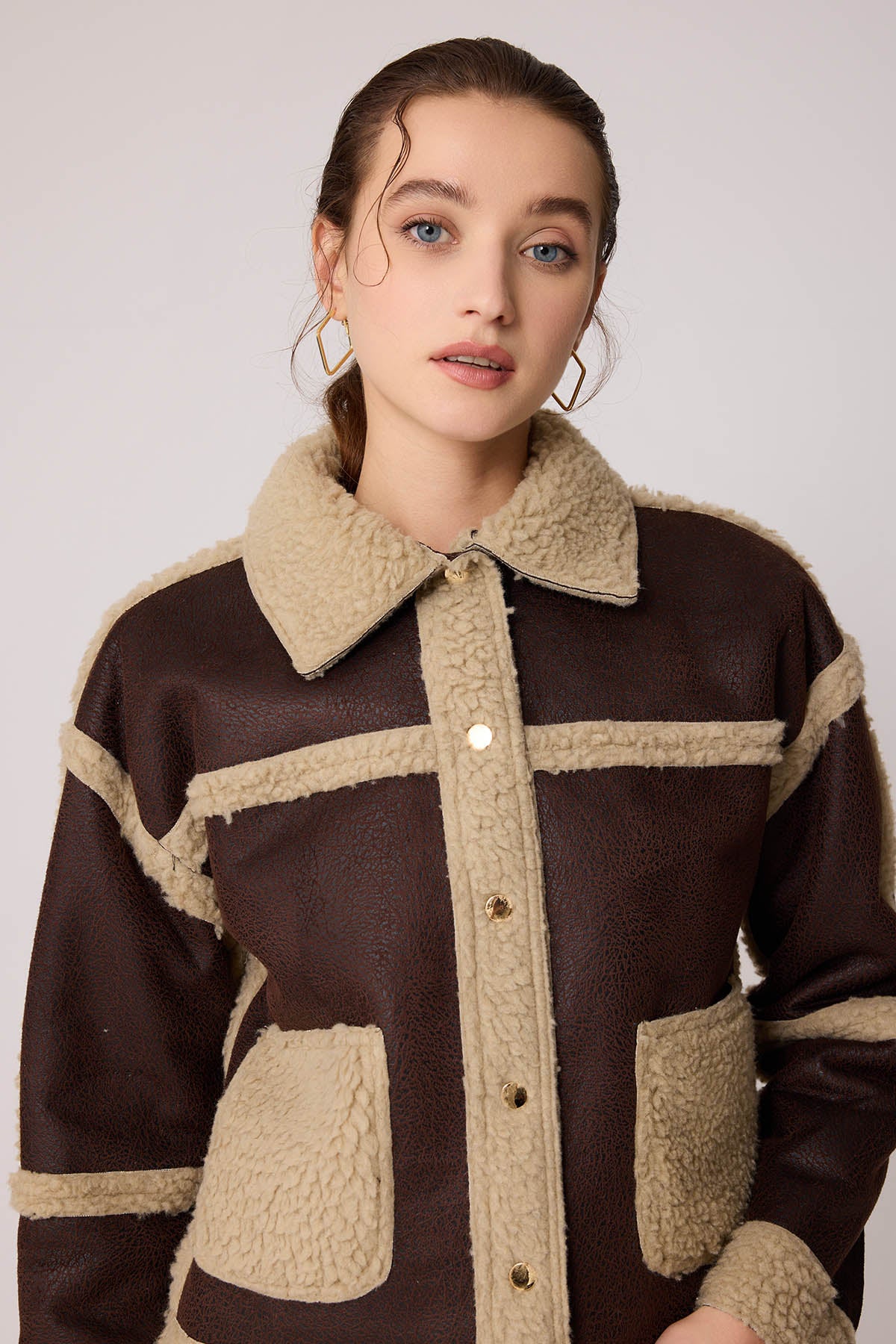 FUR WALLED STUDS COVERED FAUX LEATHER BIKER JACKET