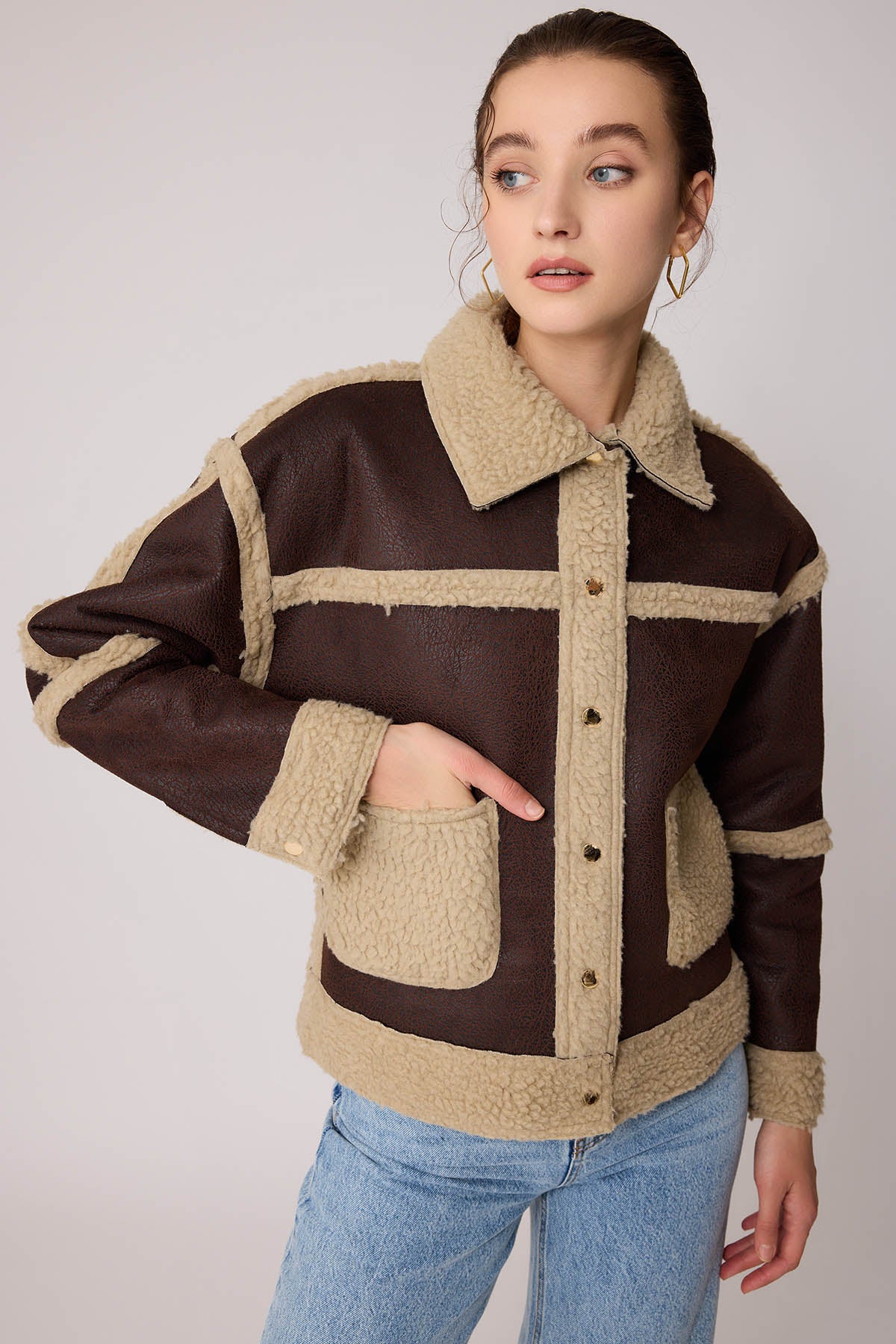 FUR WALLED STUDS COVERED FAUX LEATHER BIKER JACKET