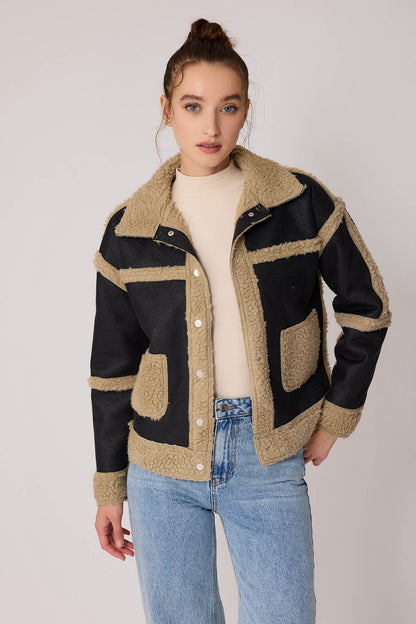 FUR WALLED STUDS COVERED FAUX LEATHER BIKER JACKET
