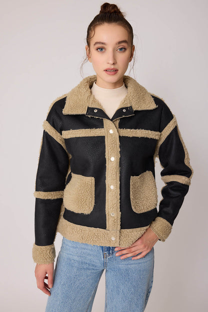 FUR WALLED STUDS COVERED FAUX LEATHER BIKER JACKET