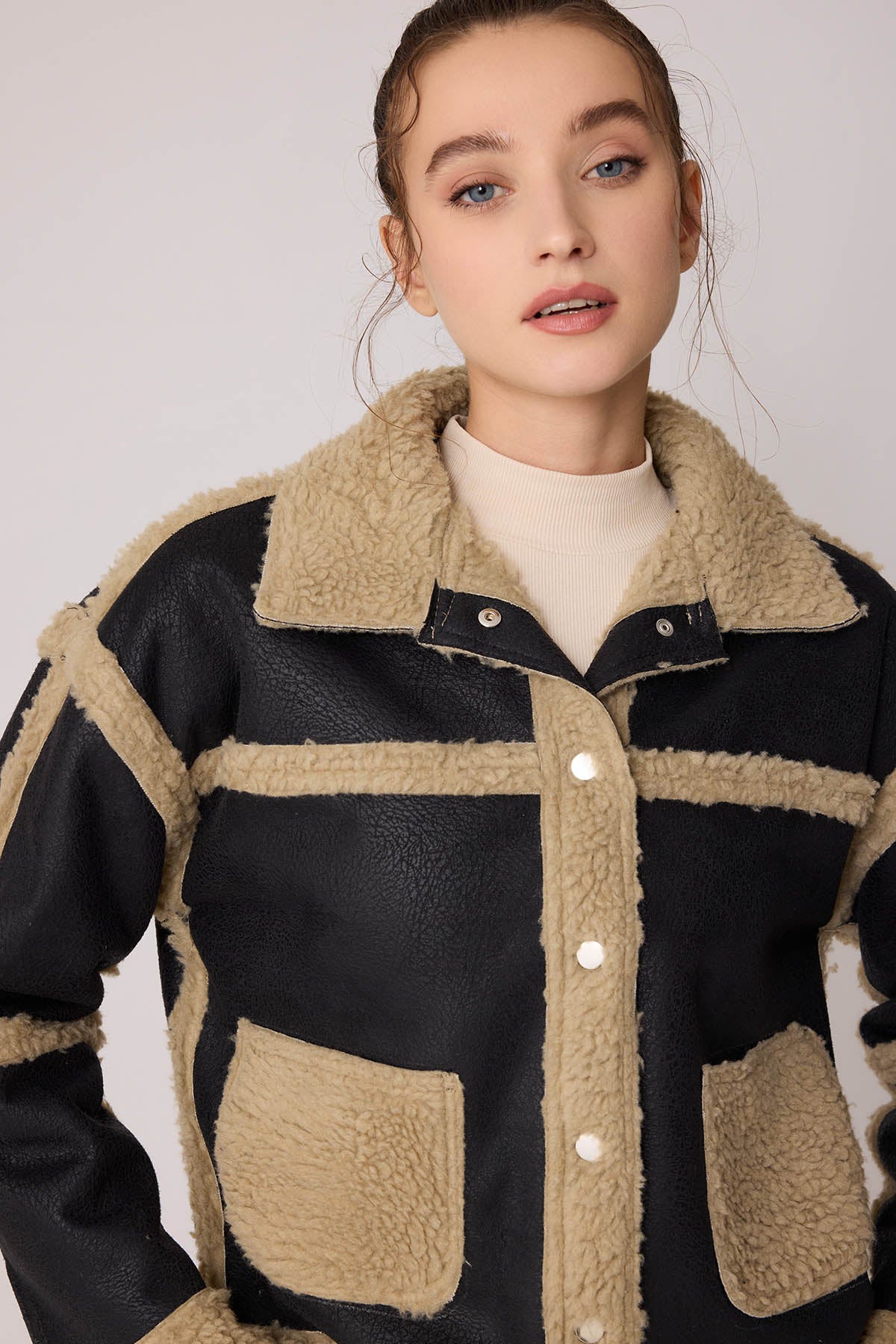 FUR WALLED STUDS COVERED FAUX LEATHER BIKER JACKET