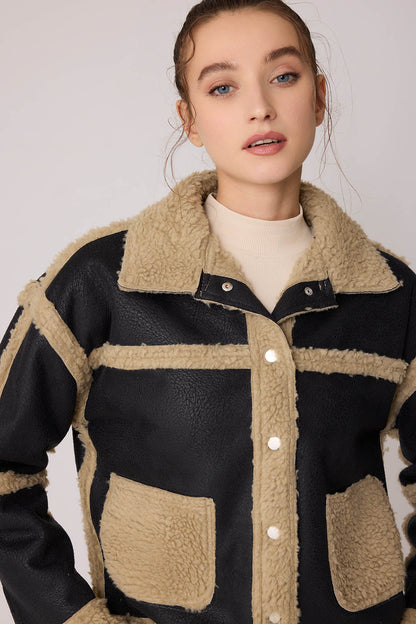 FUR WALLED STUDS COVERED FAUX LEATHER BIKER JACKET
