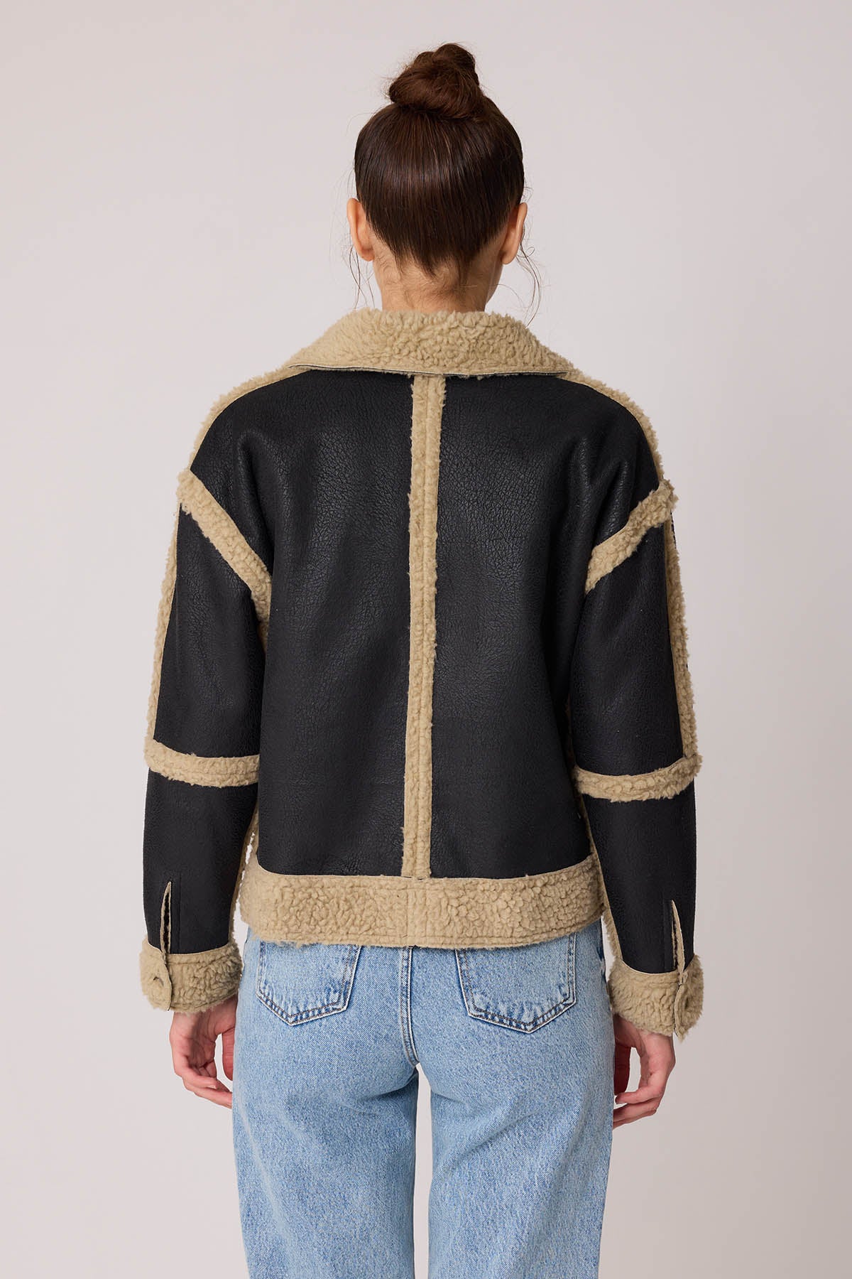 FUR WALLED STUDS COVERED FAUX LEATHER BIKER JACKET