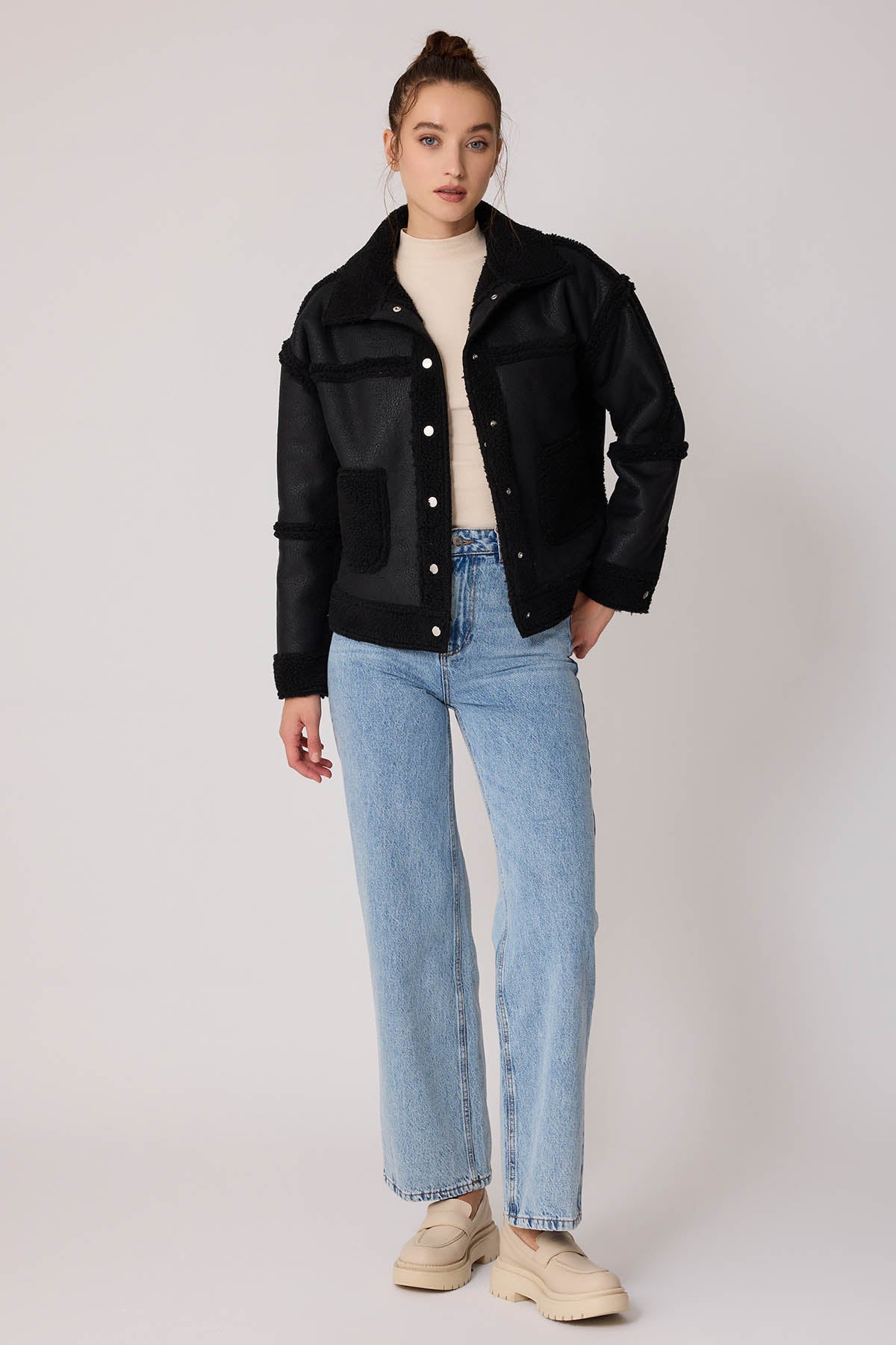 FUR WALLED STUDS COVERED FAUX LEATHER BIKER JACKET
