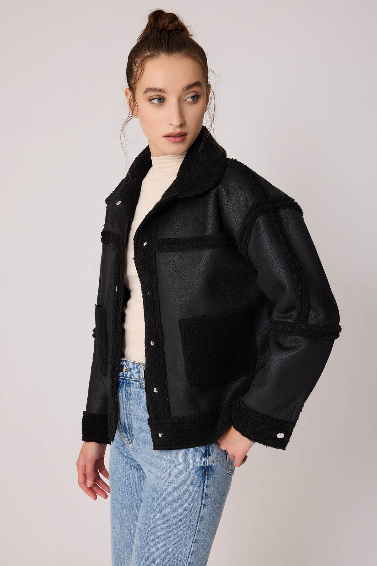 FUR WALLED STUDS COVERED FAUX LEATHER BIKER JACKET