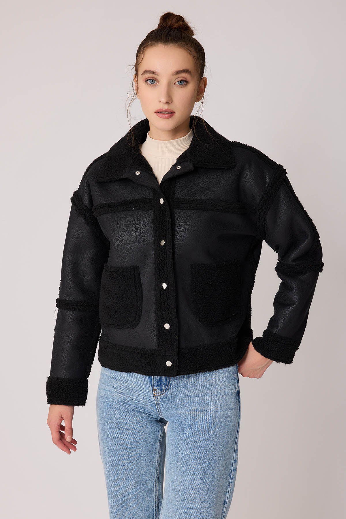 FUR WALLED STUDS COVERED FAUX LEATHER BIKER JACKET