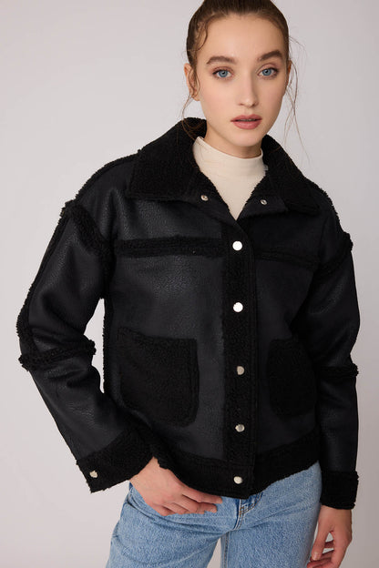 FUR WALLED STUDS COVERED FAUX LEATHER BIKER JACKET