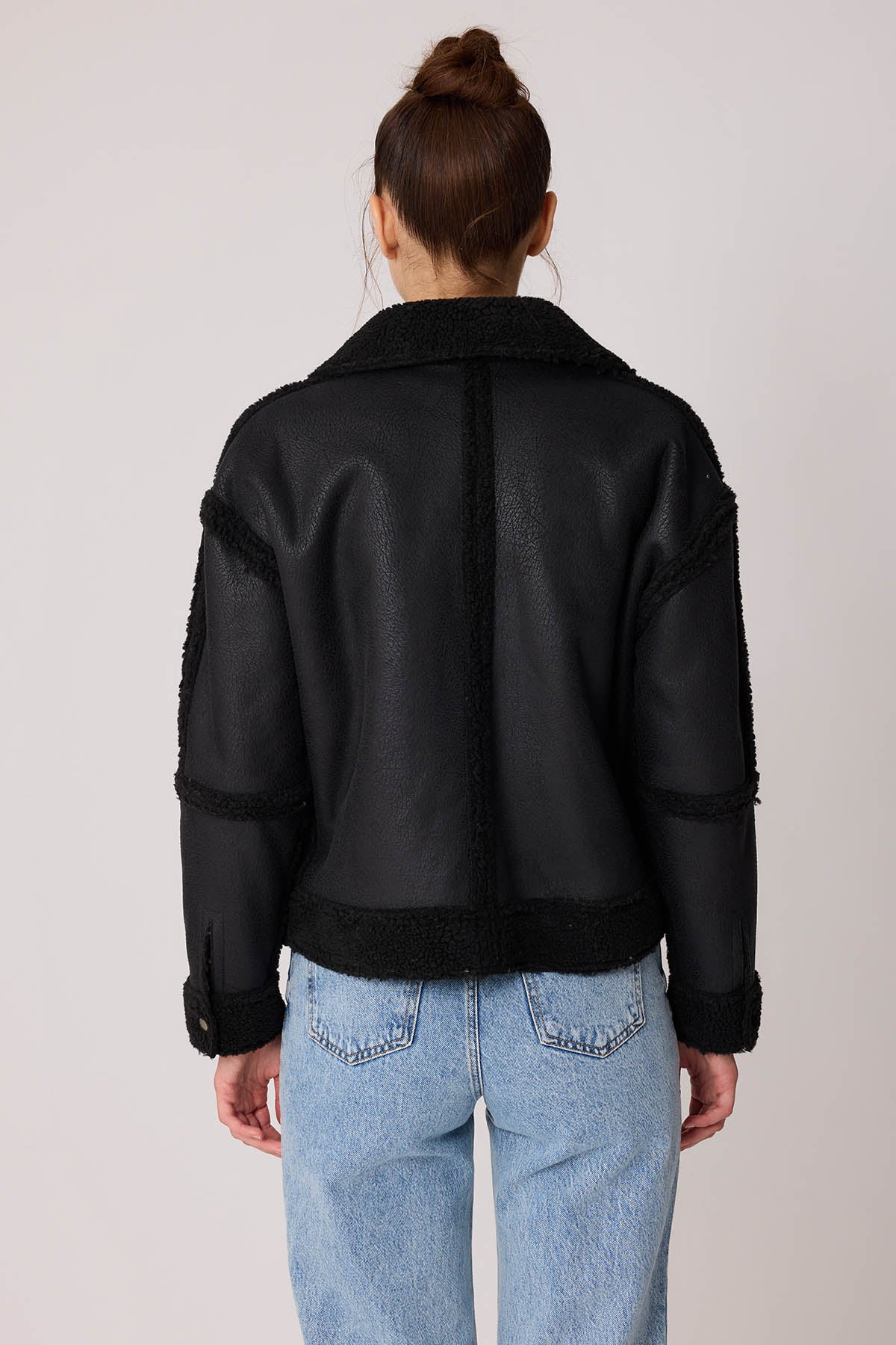 FUR WALLED STUDS COVERED FAUX LEATHER BIKER JACKET